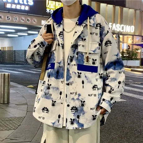 春秋季港风潮牌连帽夹克男青少年学生个性潮流宽松型百搭外套褂子商品大图