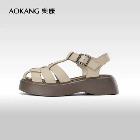 奥康女鞋2024夏季新款真皮包头编织罗马凉鞋松糕厚底猪笼鞋镂空商品大图