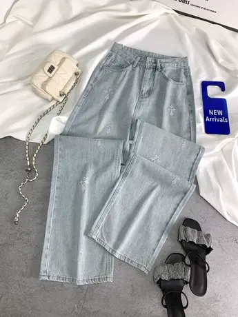 韩版刺绣牛仔直筒裤女2024春季新款显瘦百搭高腰阔腿裤瘦腿宽松裤商品大图