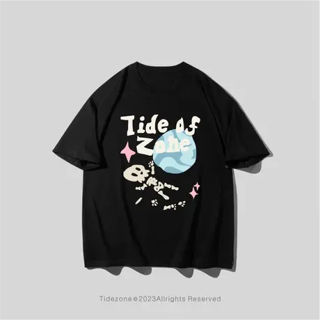 Ohlyah卡通骷髅字母印花纯棉短袖t恤男女ins潮牌重磅圆领上衣宽松图片