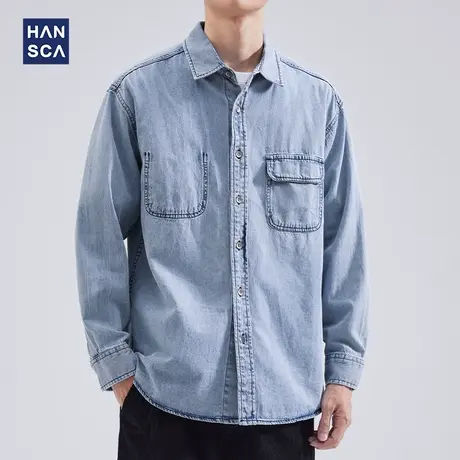 hansca牛仔衬衫男长袖春季日系复古潮牌纯色宽松休闲水洗工装外套商品大图