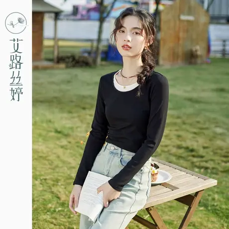 艾路丝婷假两件针织t恤女长袖撞色圆领2024春秋季新款修身打底衫图片