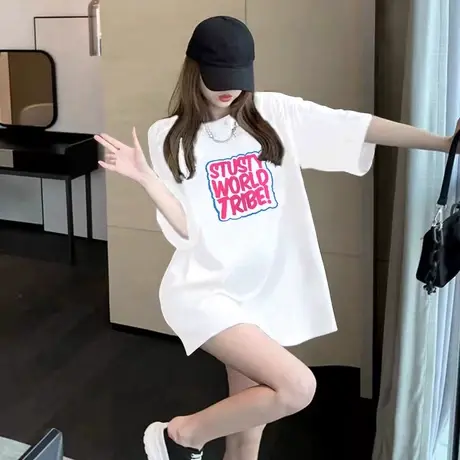 2024年欧货夏装新款白色字母印花短袖T恤女宽松大版遮臀中长上衣商品大图