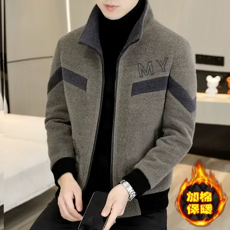 秋冬季加厚外套男士保暖毛呢休闲短款大衣金貂绒加棉呢子立领夹克商品大图