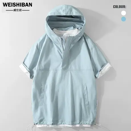 2023年新款连帽半拉链纯棉卫衣男夏季网眼透气拼接短袖套头衬衫男图片