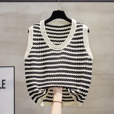 圆领条纹短针织马甲背心女2023秋装新款宽松外穿马夹镂空毛衣坎肩商品大图
