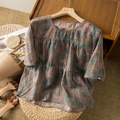 享永子印花短袖苎麻衬衫女圆领文艺复古棉麻上衣小衫2023夏季新款商品大图