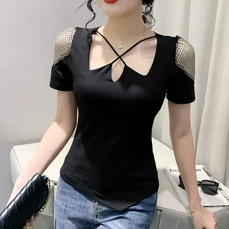 欧货性感镂空T恤女短袖时尚烫钻V领小衫夏季设计感小众洋气上衣潮商品大图