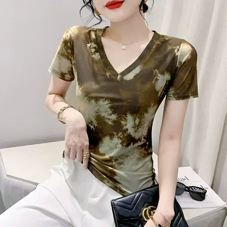 欧货扎染网纱短袖T恤女士夏装漂亮印花小衫性感气质显瘦V领上衣潮商品大图