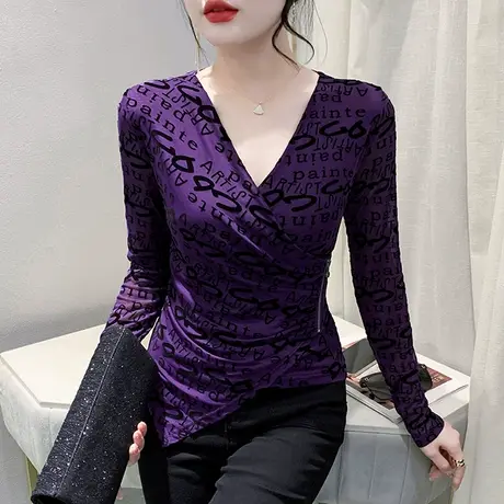 秋季新款交叉V领T恤女长袖不规则开叉褶皱上衣洋气修身减龄打底衫商品大图