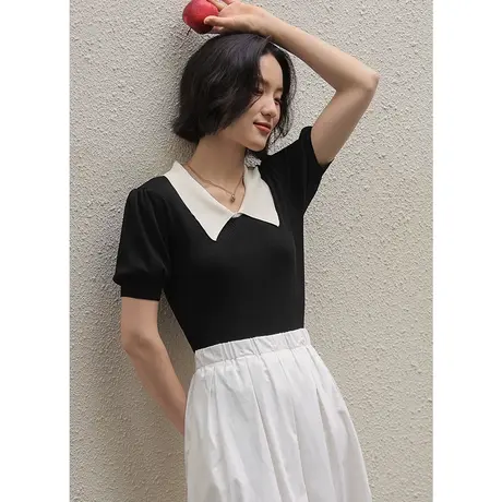 弥古黑色法式泡泡袖女上衣夏季薄款冰丝针织衫高级感修身短袖t恤商品大图