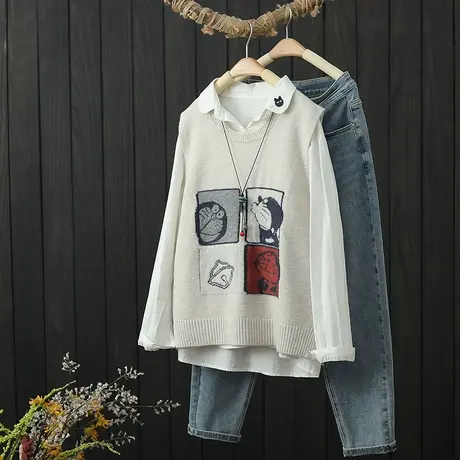 针织马夹女背心秋季2022年新款提花圆领套头宽松无袖马甲坎肩上衣商品大图