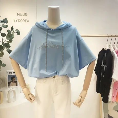 连帽短袖上衣2021夏季新款韩版重工刺绣水钻T恤宽松显瘦欧货大码商品大图