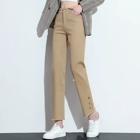 高腰窄版直筒牛仔裤女小个子九分裤2023新款卡其色裤子休闲烟管裤图片