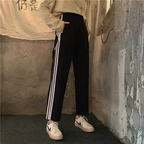 三条杠女士裤子休闲裤九分裤韩版新款宽松直筒潮流条纹百搭运动裤商品大图
