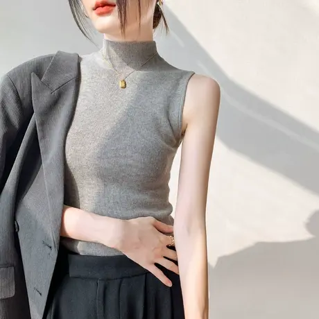 半高领无袖背心女秋冬季新款羊毛修身打底衫灰色西装内搭针织线衣图片