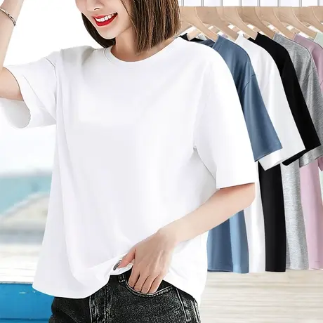 纯棉短袖t恤女宽松圆领白色2023夏季新款百搭半袖体恤上衣打底衫图片