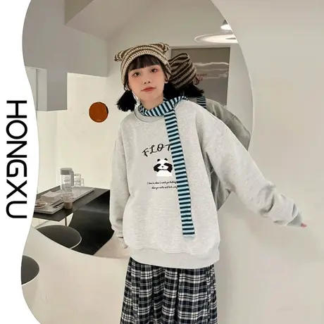 红续圆领卫衣女生秋冬加绒加厚2023新款上衣长袖oversize显瘦百搭图片