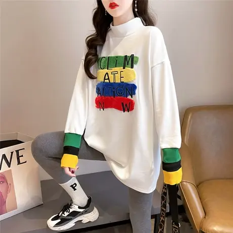 半高领长袖t恤女秋冬韩版宽松中长款加绒加厚内搭德绒打底衫上衣图片