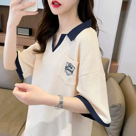 设计感小众短袖t恤女夏季韩版宽松大码女装撞色翻领polo衫上衣服图片