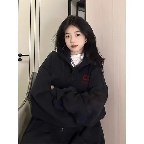 美式连帽开衫卫衣女春秋薄款宽松休闲百搭拉链上衣外套潮牌情侣装商品大图