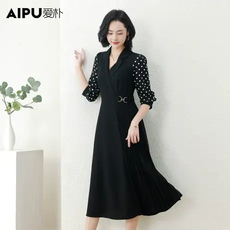 爱朴大码女装气质波点连衣裙2023新款胖mm修身显瘦西装领秋季裙子图片