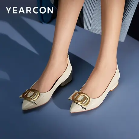 意尔康粗跟单鞋女2023秋季新款法式羊皮尖头浅口低跟真皮小皮鞋商品大图