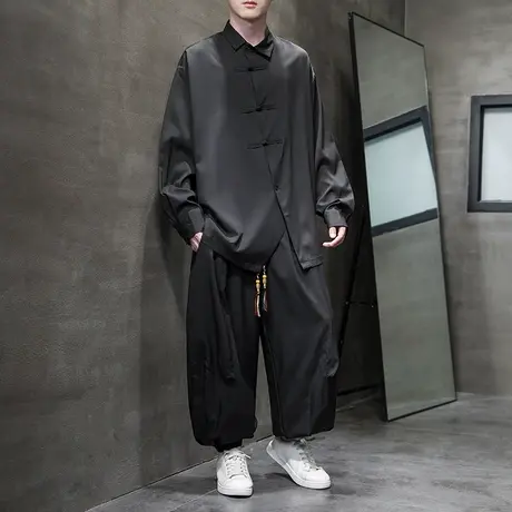 暗黑系长袖衬衫男新中式套装唐装汉服衬衣中国风搭配衣服一套男装商品大图
