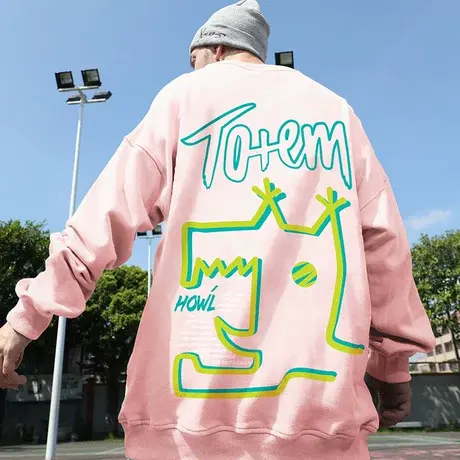 粉色卫衣男潮牌加绒宽松嘻哈套头情侣胖子男装圆领大码秋冬季潮流商品大图