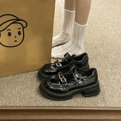 粗跟黑色单鞋2023夏魔术贴时尚工作女鞋蝴蝶结英伦大头百搭小皮鞋商品大图