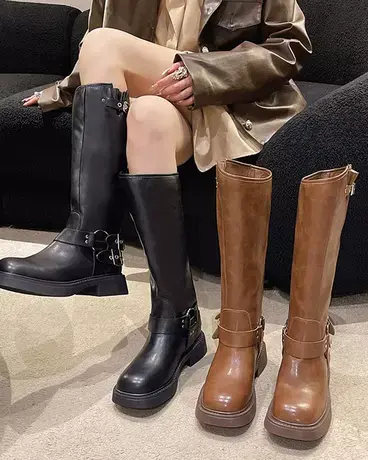 棕色西部牛仔靴女不过膝长靴金属皮带扣粗跟厚底高筒骑士靴子单靴商品大图