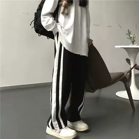 胖妹妹裤子女潮ins运动卫裤休闲宽松大码春秋200斤杠条阔腿直筒裤商品大图