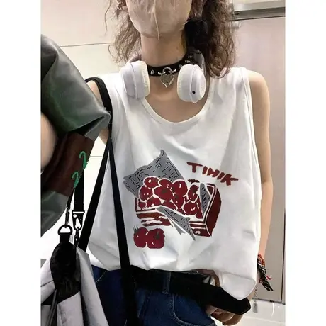 纯棉运动坎肩背心无袖t恤女夏季设计感小众外穿宽松港风挂脖上衣商品大图