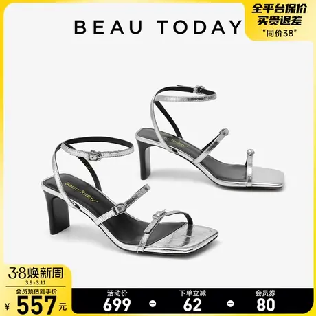 BeauToday凉鞋女2024新款夏BT外穿真皮粗跟皮扣一字带真皮高跟鞋图片