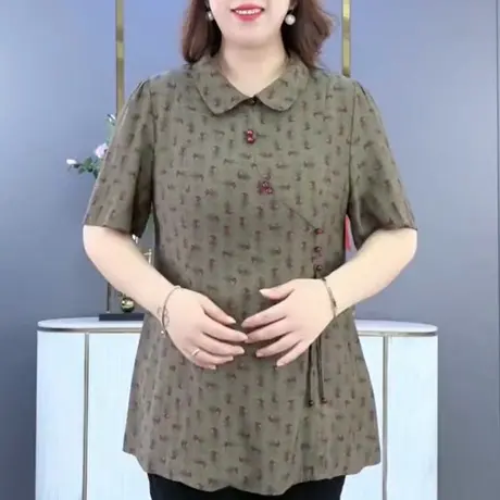 木棉林大码时尚百搭减龄夏季翻领短袖印花休闲显瘦洋气上衣240211图片