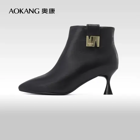 奥康女鞋2023秋冬季新款时尚气质细高跟短靴加绒真皮优雅女士靴子图片