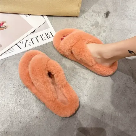 交叉厚底网红毛毛拖鞋女2024新款秋冬季棉拖平底休闲外穿家居拖鞋图片