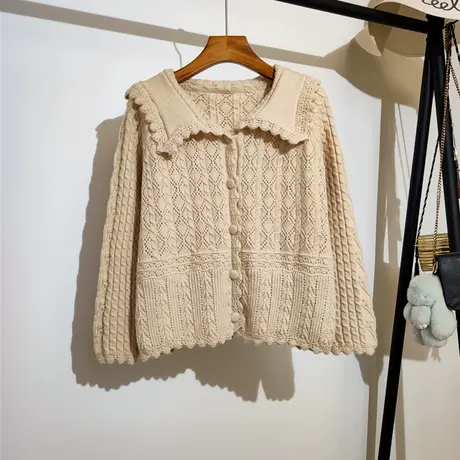 娃娃领针织开衫女秋冬新款韩系宽松慵懒甜美温柔气质短款毛衣外套商品大图
