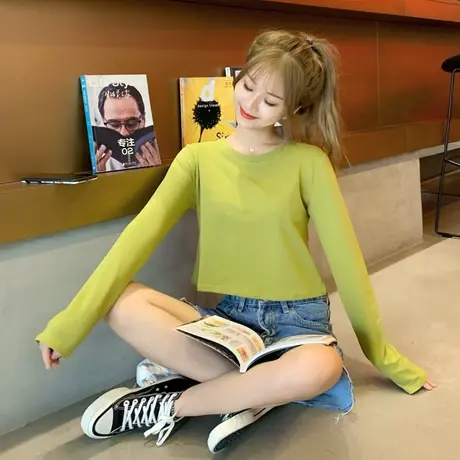 2023年新款初秋季港味上衣白色短款宽松外穿早秋衣长袖t恤女装潮商品大图