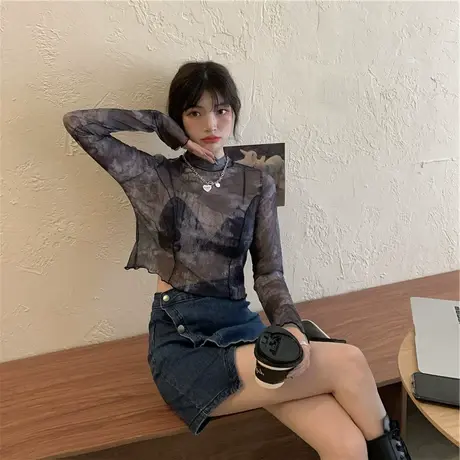 辣妹性感夏季网纱打底衫女长袖T恤冰丝短款扎染微透百搭防晒上衣商品大图