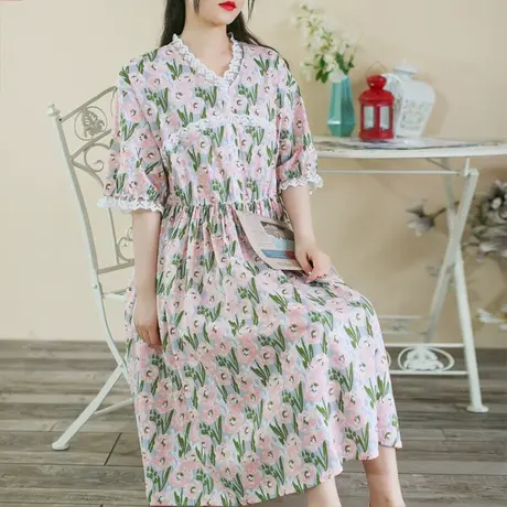 胖妹妹夏季2023新款复古文艺花边拼接棉质V领田园风花花连衣裙商品大图