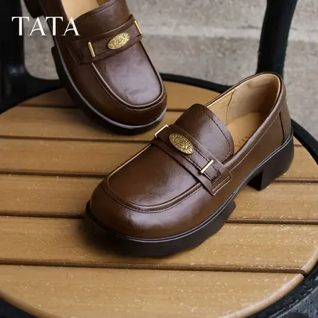 【新品试用】TATA他她女鞋秋季商场同款时尚休闲乐福鞋新款黑色商品大图