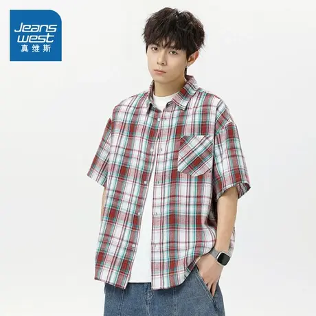 LE真维斯男装宽松显瘦上衣2025夏季新款 复古港风格子短袖衬衫男商品大图