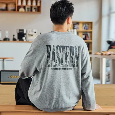 唐狮春秋季新款圆领卫衣男士休闲灰色无帽衫痞帅长袖上衣潮牌商品大图