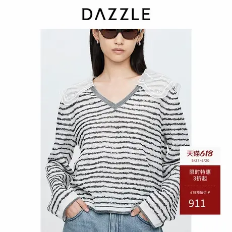 DAZZLE地素奥莱毛针织衫秋白色绣花领长袖套衫商品大图