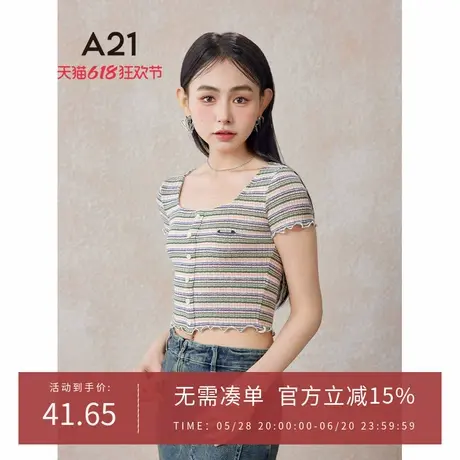 A21女装针织修身方领条纹短袖T恤夏季新款设计感时尚百搭短款上衣商品大图