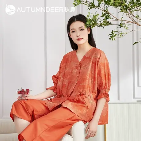 【商场同款】秋鹿春夏睡衣女丝绵印花家居服可外穿收腰七分裤2004商品大图