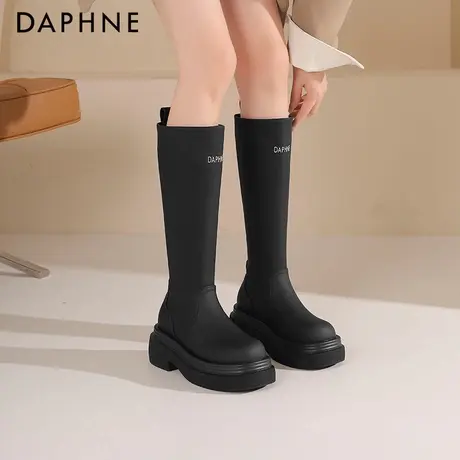 达芙妮黑色长筒靴女2025新款春秋高筒骑士靴厚底靴英伦风长靴子女图片