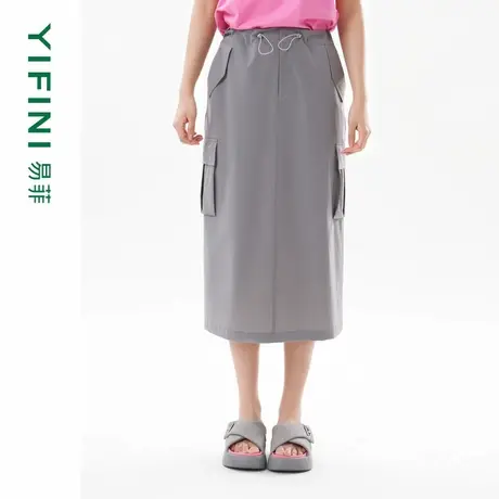 [专柜同款]Yifini/易菲宽松直筒抽绳腰工装直筒裙女中长款半身裙图片