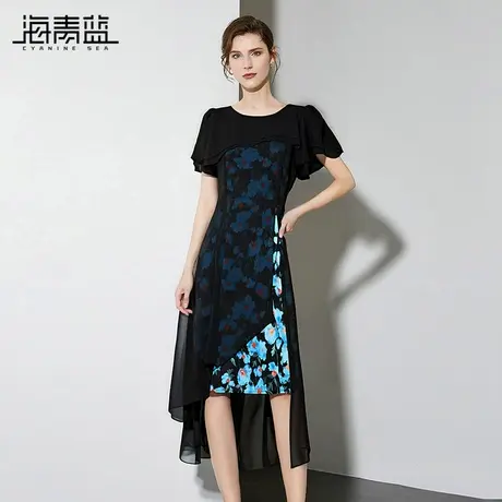 海青蓝 短袖夏季连衣裙2025年新款高级时尚女装拼接中长款裙子图片